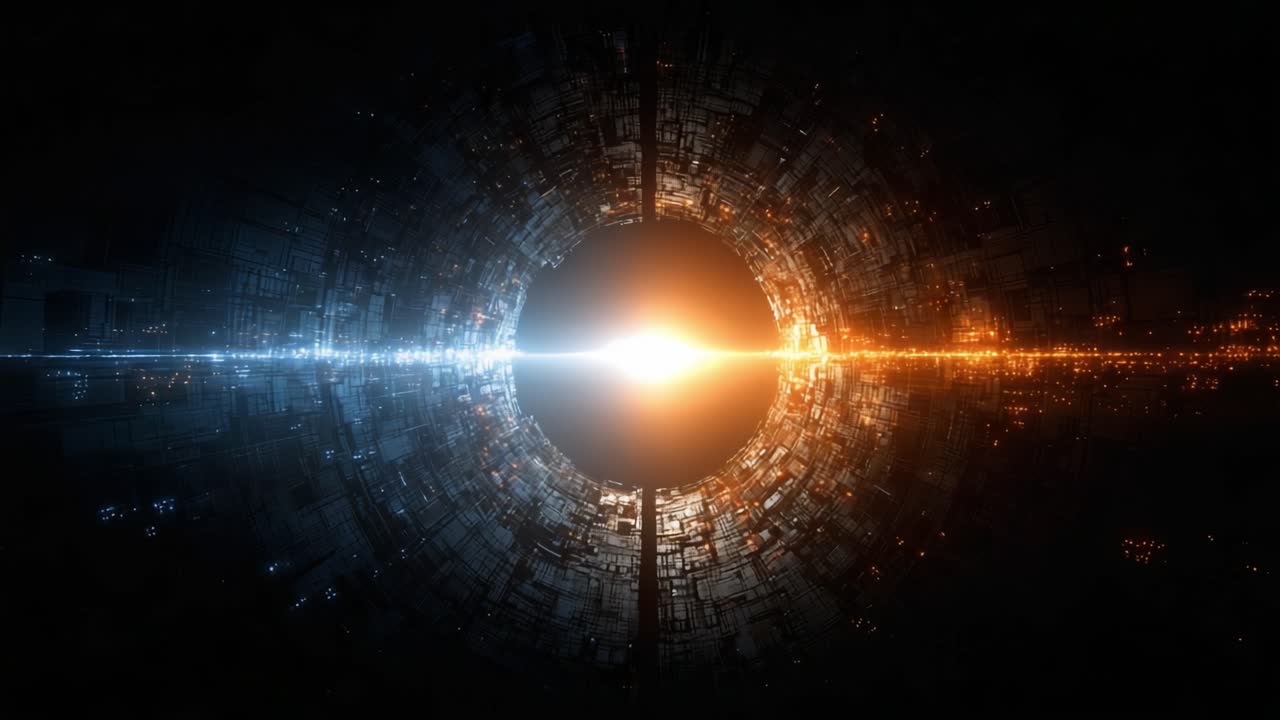 A Stunning Visual Contrast of Light and Darkness Captured in Two Frames, Illustrating the Dynamic Energy Flow Between Blue and Orange Regions of a Geometric Portal