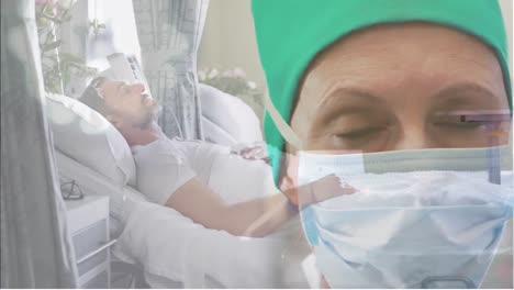 retrato de una cirujana caucásica con una máscara facial contra un hombre caucásico en una cama de hospital