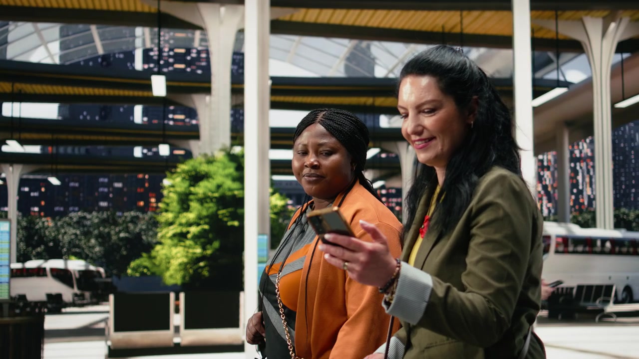 Travel companions in bus station use smartphone to confirm trip details