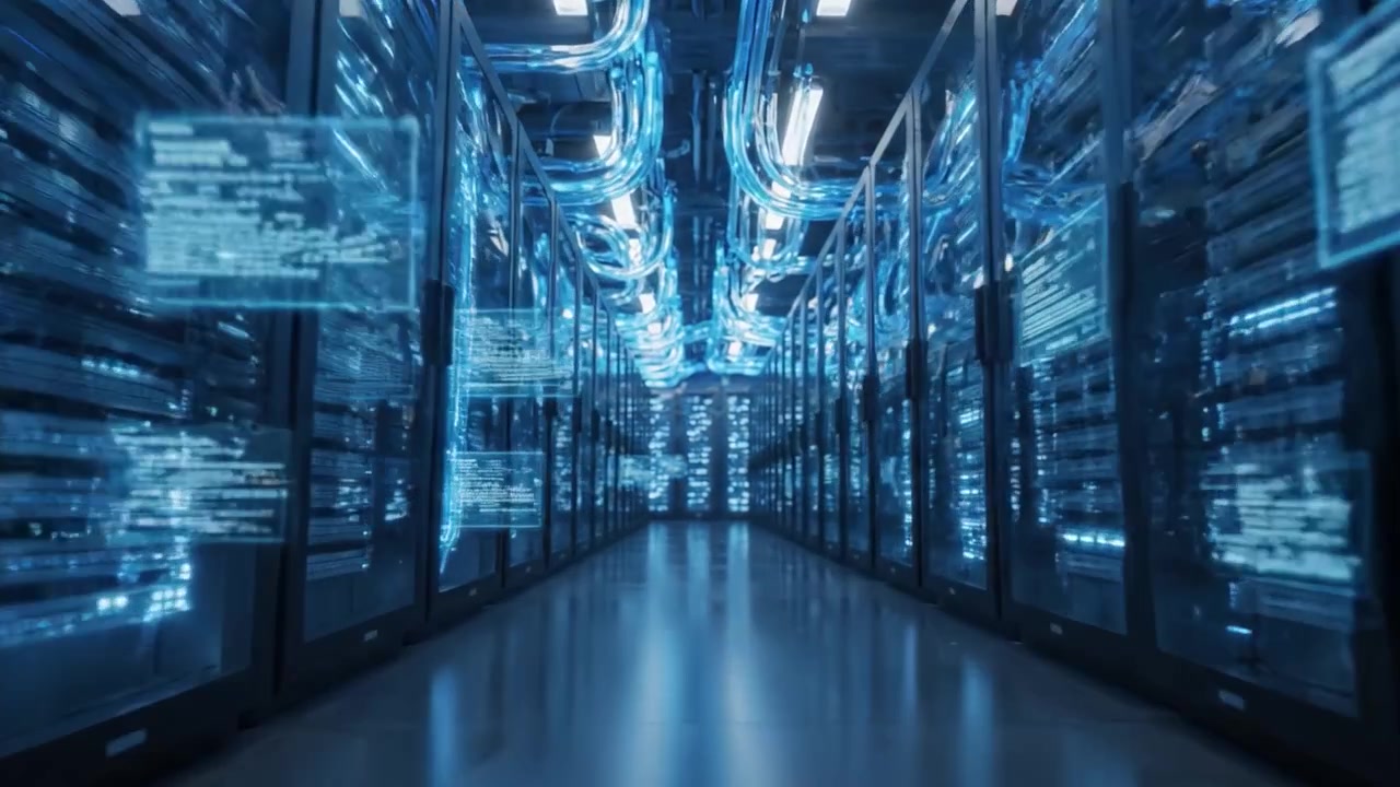 Esplorando il design intricato di un data center ad alta tecnologia con file di server illuminati e cavi di rete in un ambiente futuristico ed elegante.
