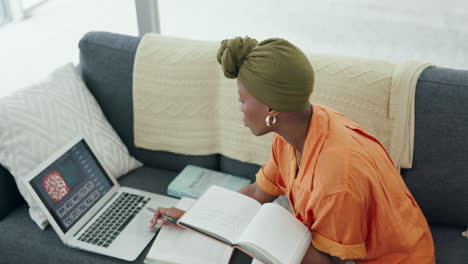 laptop, black woman and student studying covid