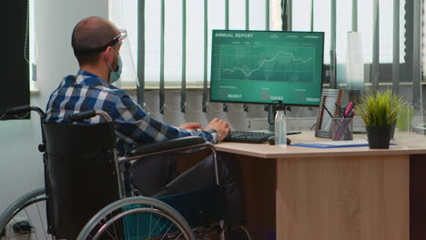 businessman in wheelchair with protection mask at workplace