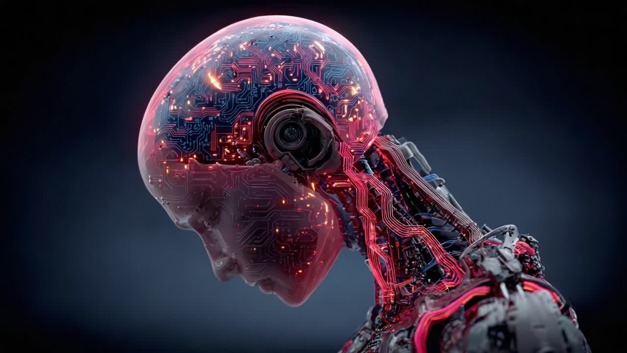 A Futuristic Robot Head with Glowing Neural Circuits: Exploring the Intersection of Technology and Humanity in a Digital Age