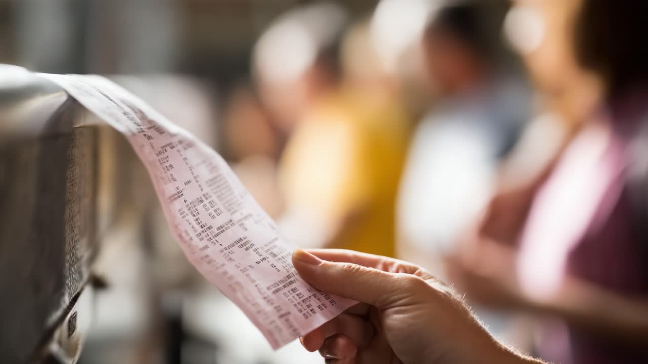 A close-up view of a hand holding a detailed receipt showing various items, prices, and barcodes, with blurred figures in the background highlighting a bustling shopping environment