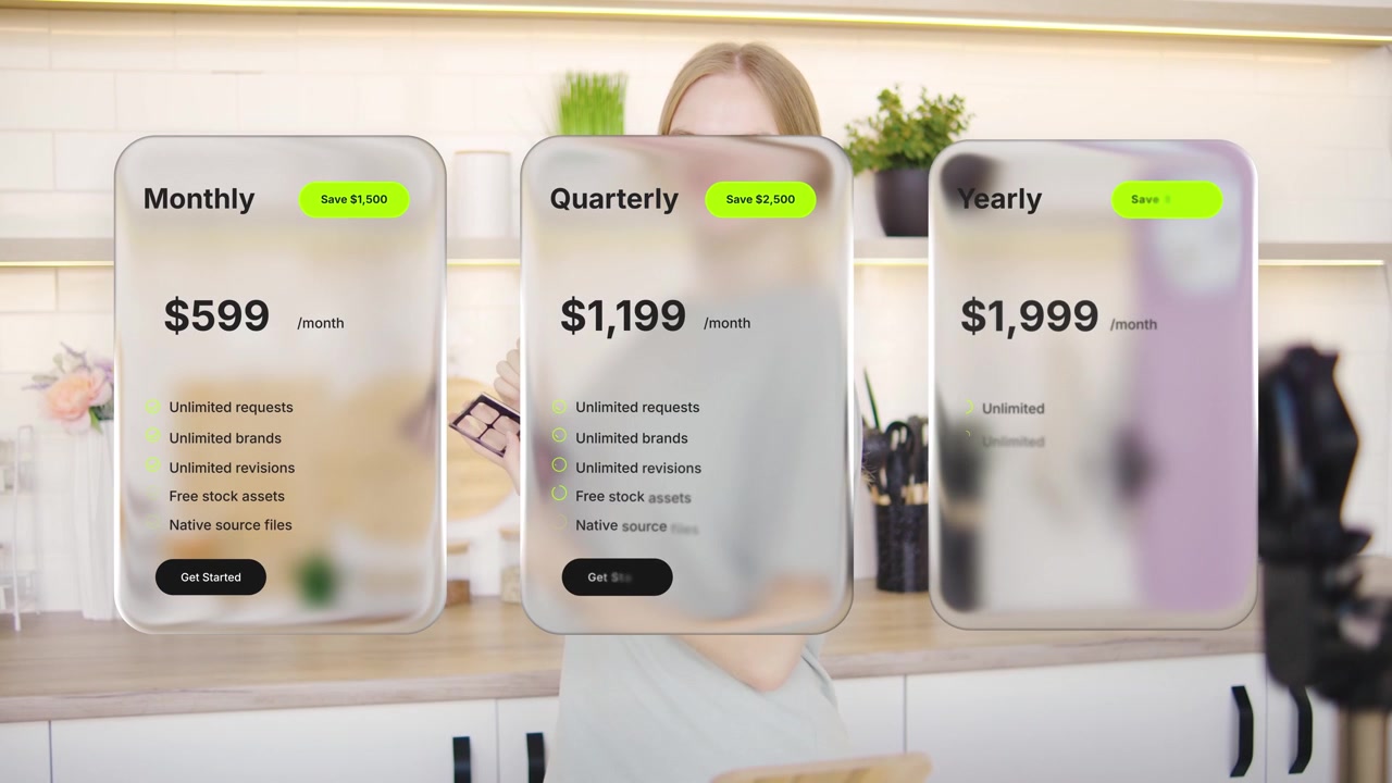 Young Woman Presenting Liquid Glass Pricing Plans on Camera