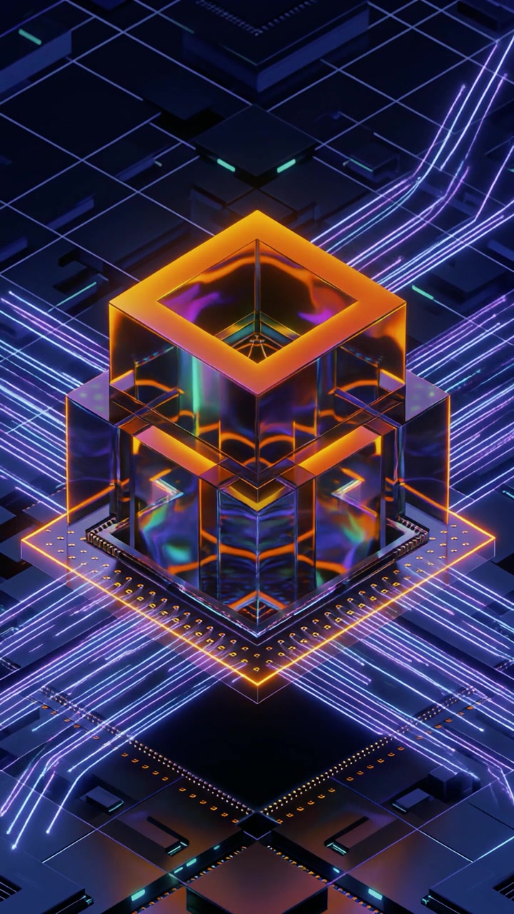 Abstract 3D Glowing Cube on Digital Circuit Board