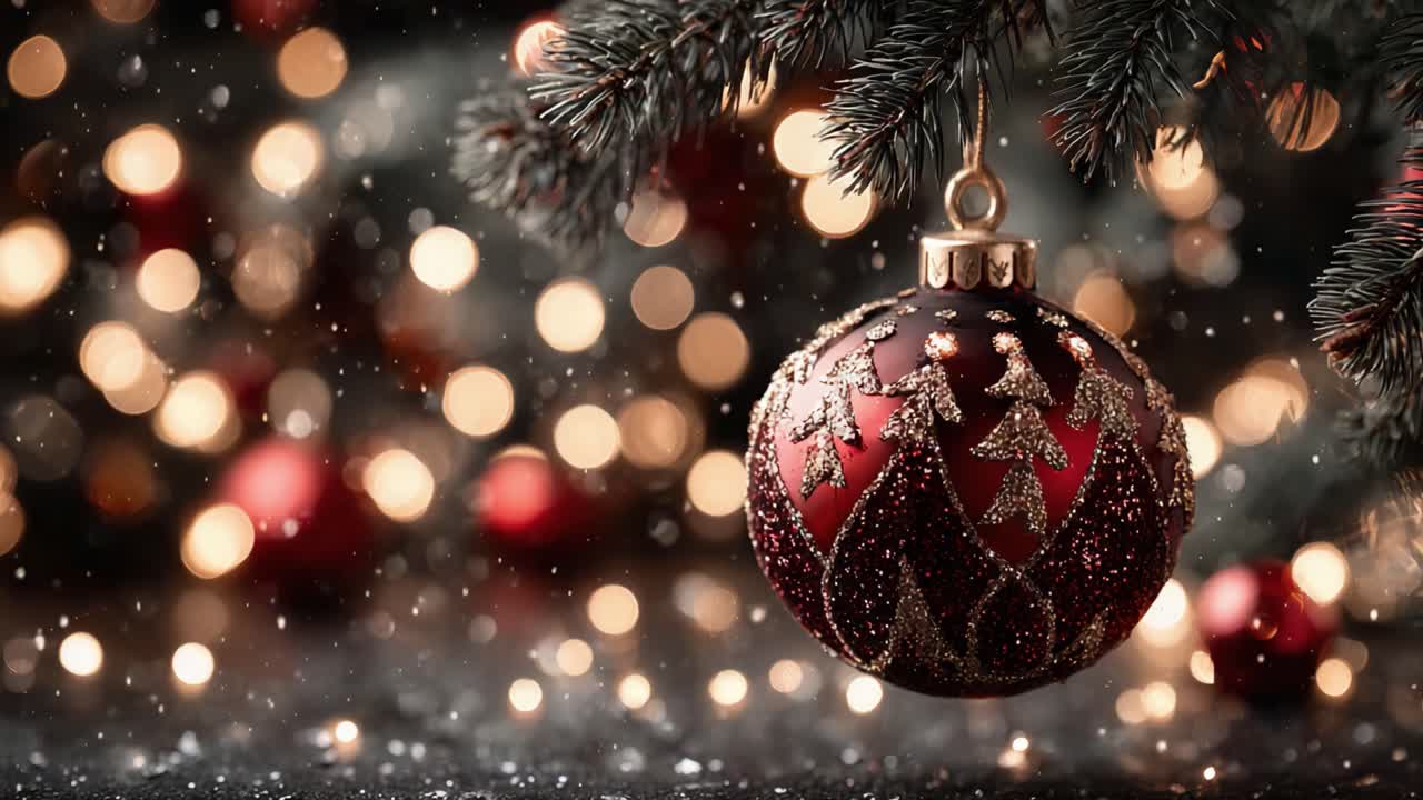 Primo piano di una decorazione natalizia festosa appesa a un ramo di pino scintillante, circondata da luci bokeh che evocano l'allegria delle feste