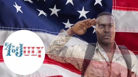 animation of 4th of july text with male soldier saluting over american flag