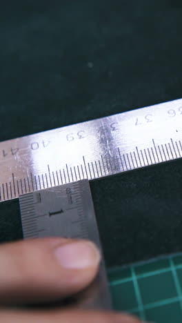 cu: tailor moves metal rulers measuring black leather cloth on green cutting mat in workshop extreme closeup