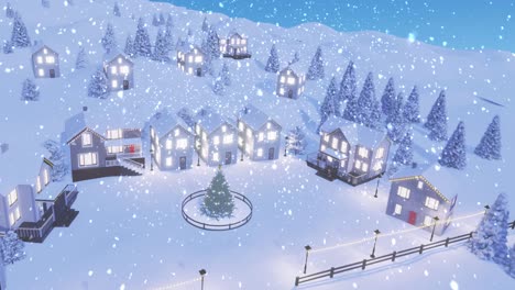 Animation-of-snow-falling-over-christmas-tree-with-houses-and-winter-landscape