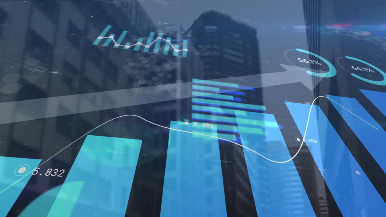 금융 데이터 및 통계 처리의 애니메이션 도시 배경 위에 화살표와 함께