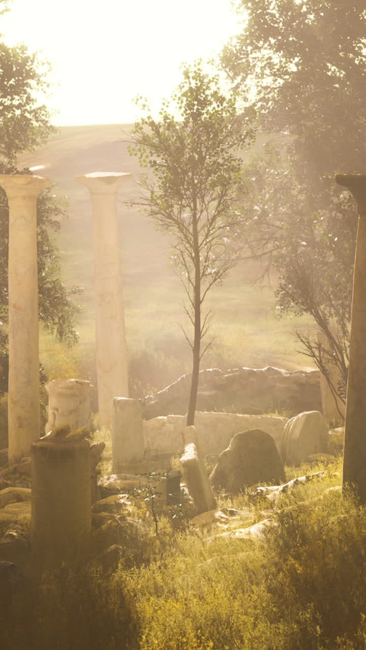 antiguas ruinas en un paisaje brumoso