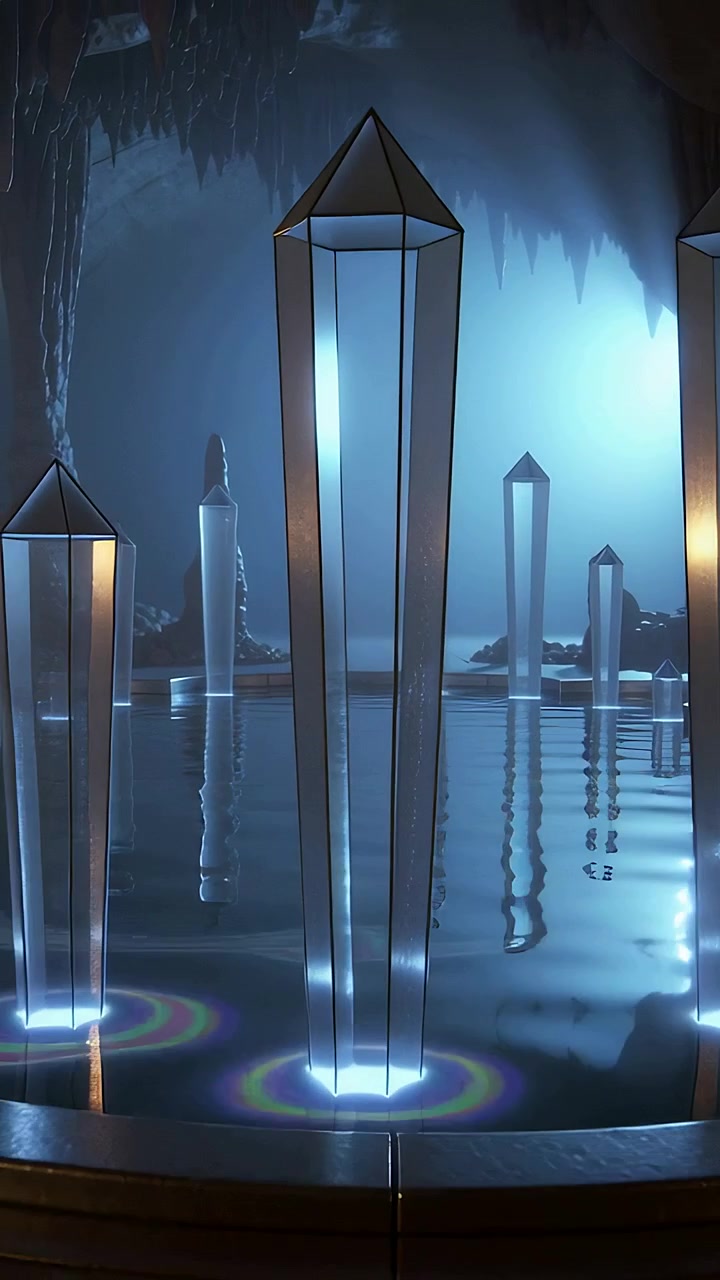 Vertical video: Ripples sparking faceted clear crystal obelisks rising from cave pool