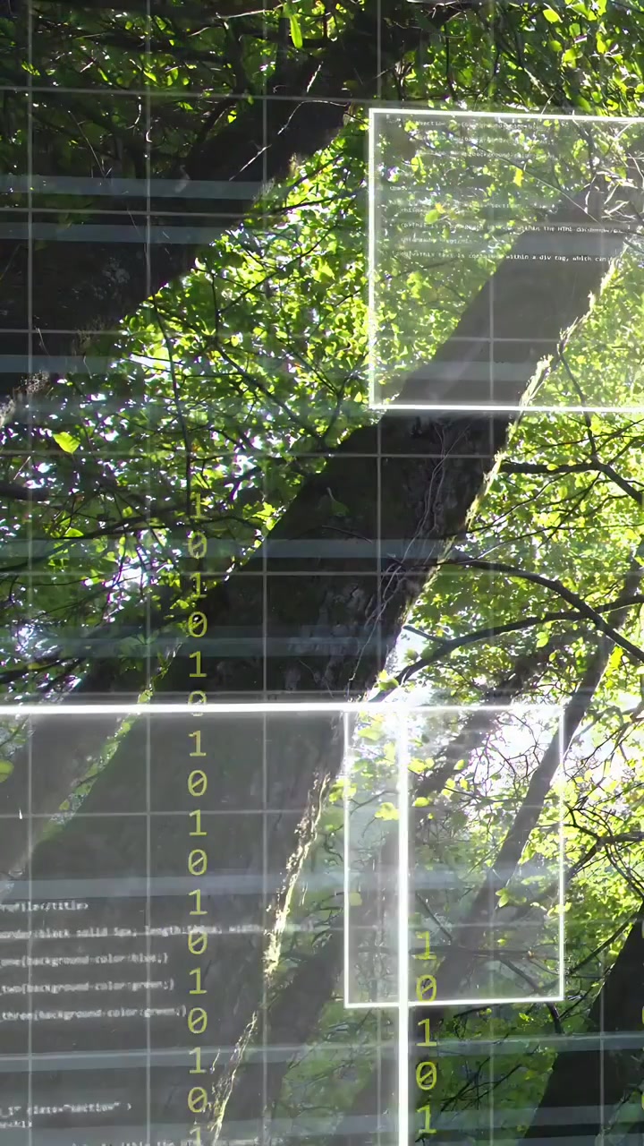 Video verticale: Griglia che si illumina, pannelli dell'interfaccia utente che scorrono sullo schermo principale, scorrimento binario che visualizza dati
