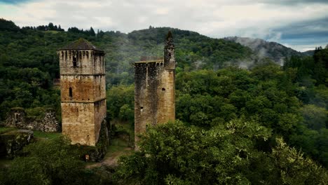 ancient stone castle ruins in a misty forest