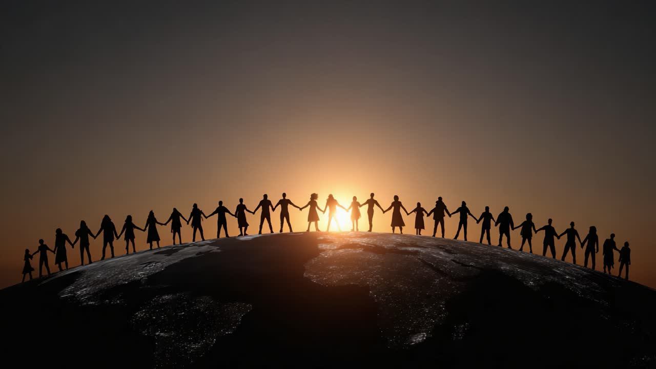 A Global Community United: Silhouetted Figures Holding Hands Around the Earth at Sunset, Symbolizing Unity, Togetherness, and Hope for the Future