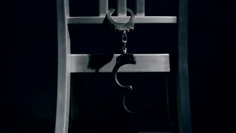 medium tracking shot of a pair of handcuffs hanging from the back of a chair