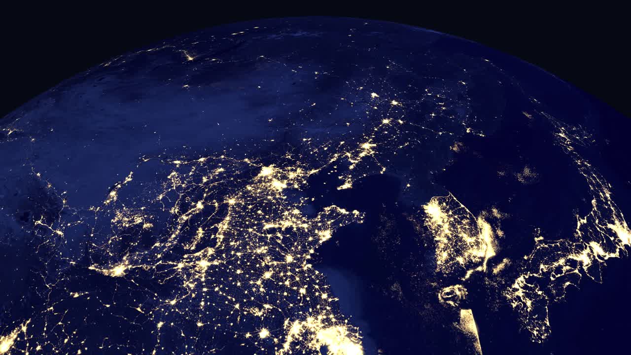Earth rotates and zooms into East Asia at night, highlighting Beijing and surrounding countries