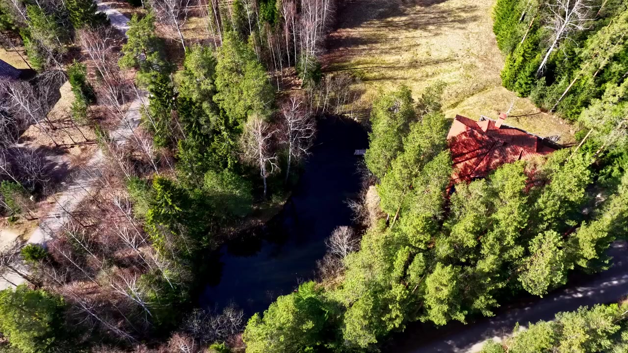 Klidná lesní krajina s roztroušenými chatkami, klikatými vodními toky a bujnou zelení – pohled z ptačí perspektivy.