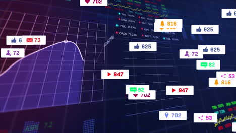 Animation-Von-Social-Media-Symbolen,-Statistik,-Börsendatenverarbeitung-Vor-Blauem-Hintergrund