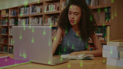 studying in library, woman using laptop and book with binary code animation