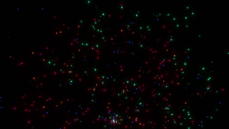 las partículas multicolores vuelan en diferentes direcciones desde el mismo punto formando patrones brillantes en el espacio oscuro. el concepto de espacio y tiempo. animación 3d