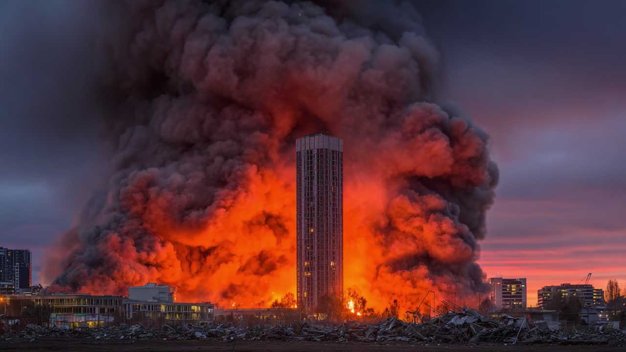 L'inferno di una torre: una vista suggestiva di un grattacielo avvolto dalle fiamme e dal fumo al crepuscolo, che illustra la potenza del fuoco e l'impatto dei disastri urbani