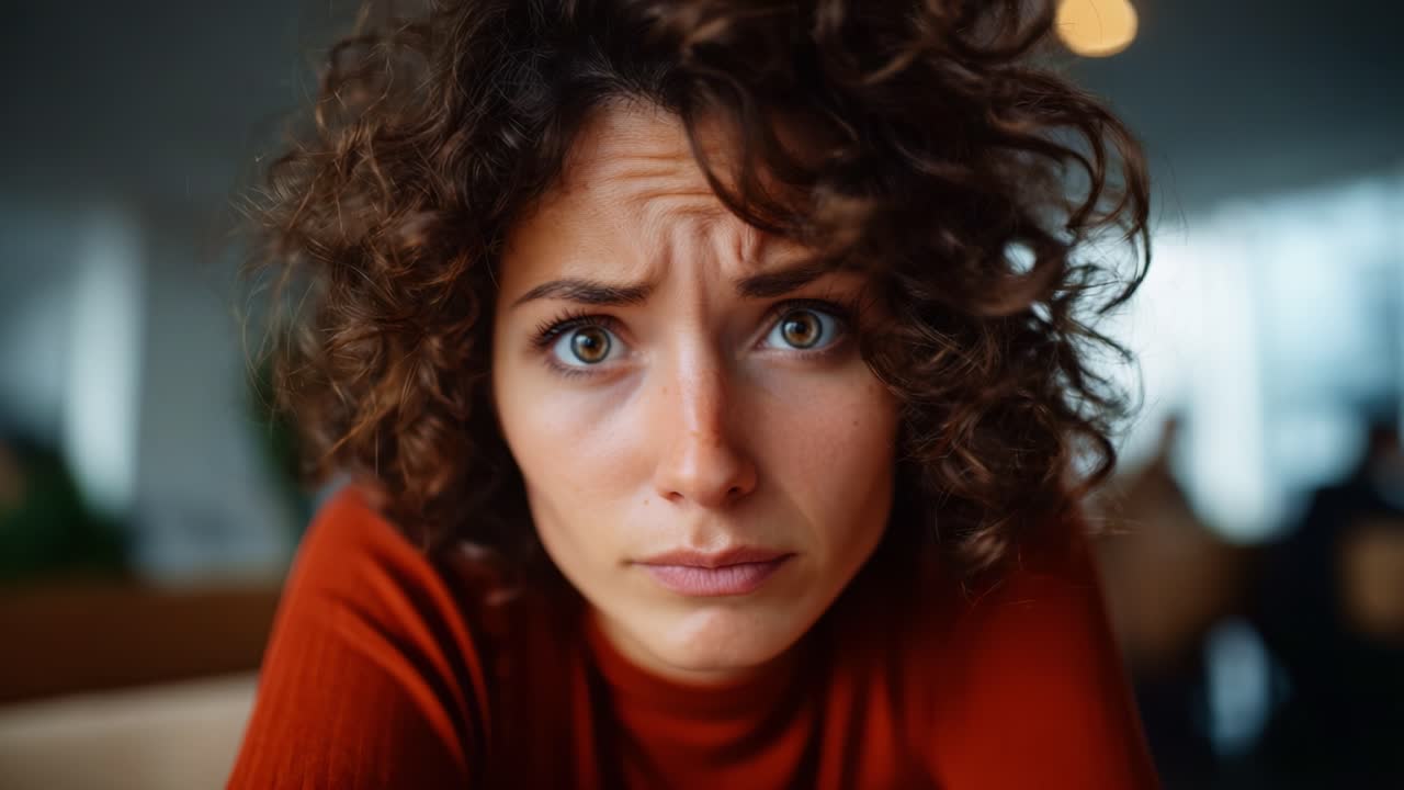 A Close-Up of a Concerned Young Woman with Curly Hair, Embodying a Range of Emotions in an Intimate Setting with Soft Lighting and a Thoughtful Expression