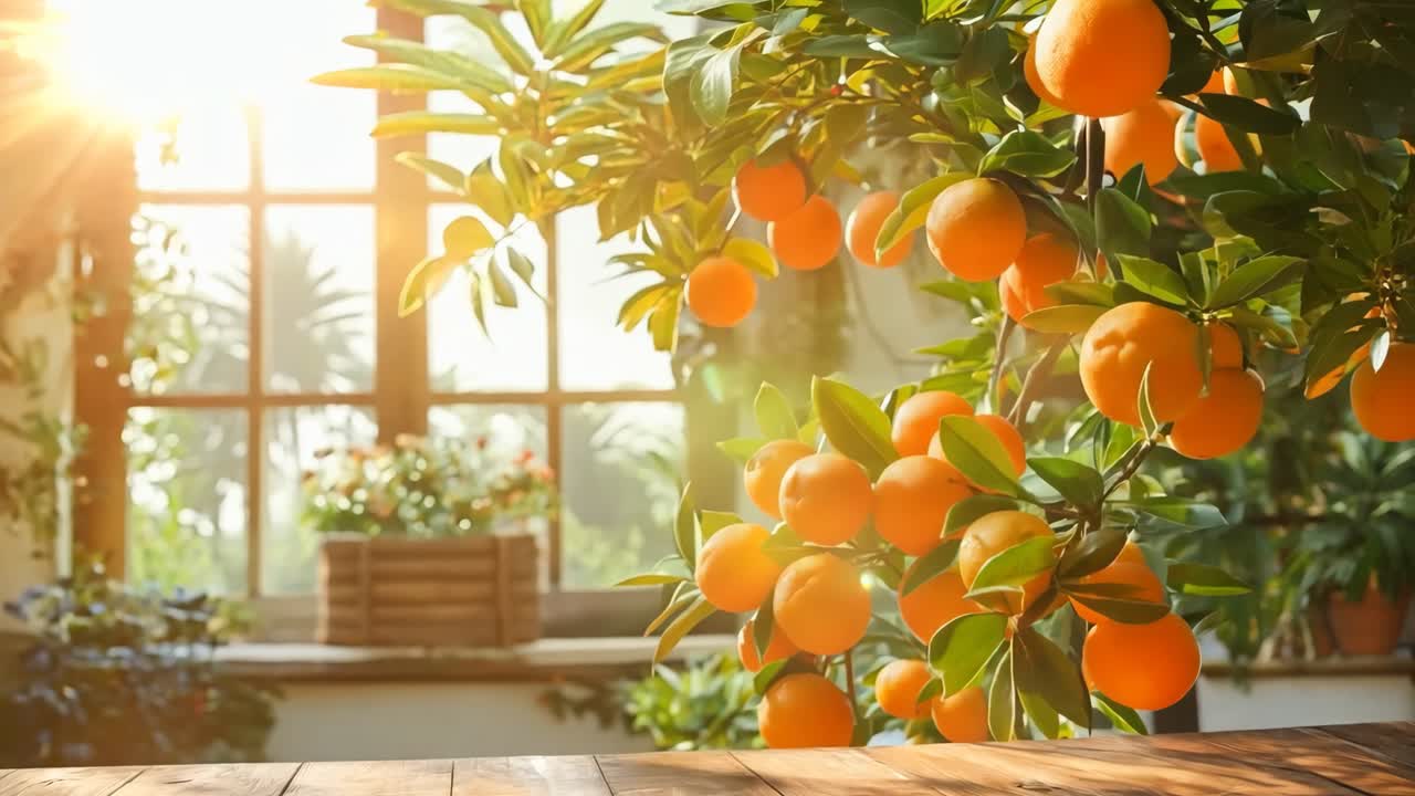 una mesa de madera con un montón de naranjas colgando de un árbol