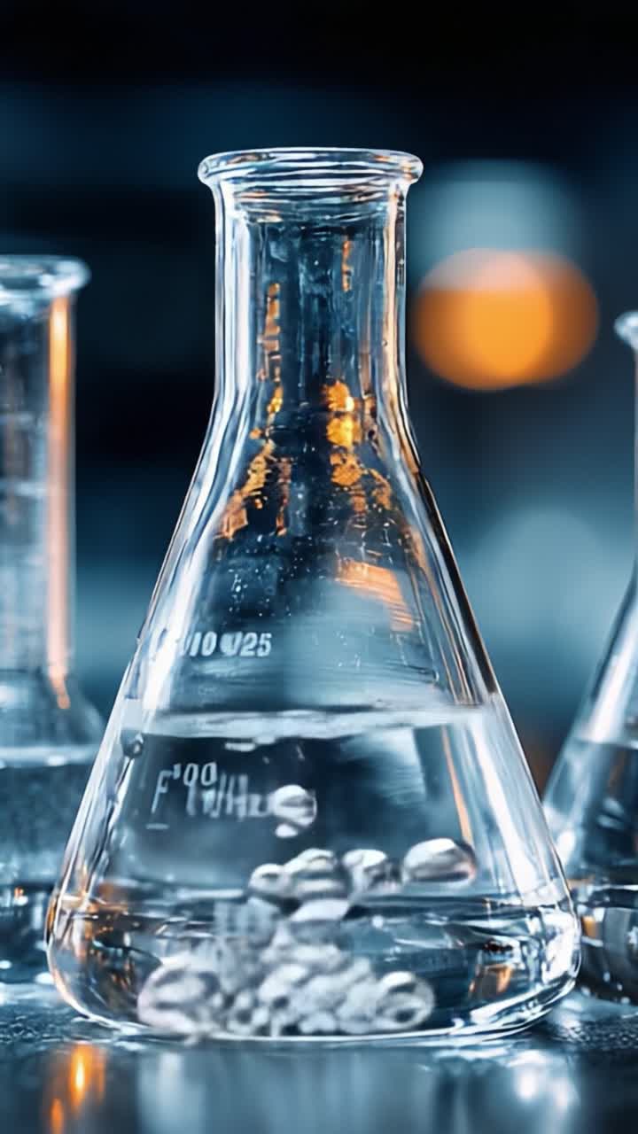 Primo piano di beute da laboratorio che mostrano reazioni chimiche, con una sostanza cristallina trasparente che si dissolve in un mezzo liquido, evocando scoperta scientifica e curiosità.