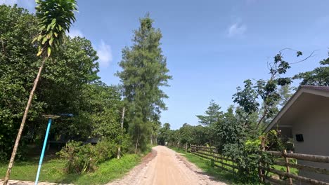 a steady camera moves down a sunlit dirt road lined with houses, lush greenery, and trees on ko phayam, thailand, under clear blue skies