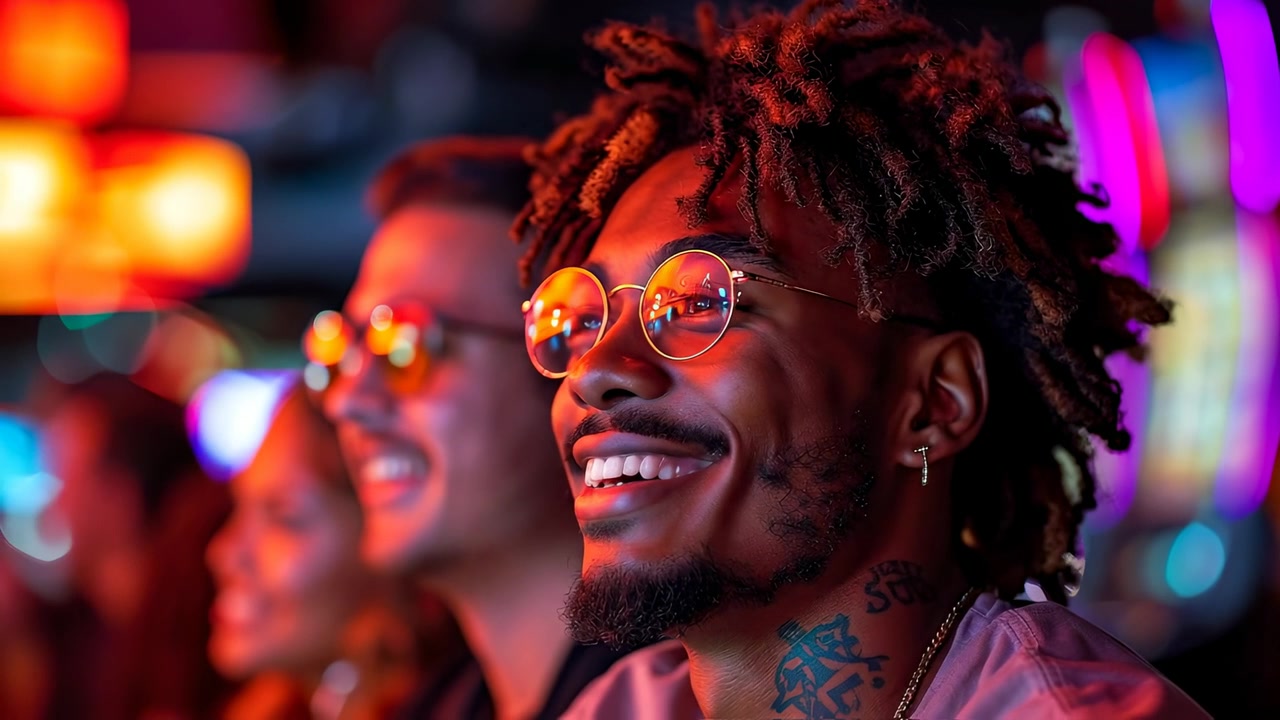 Uomo sorridente con dreadlocks che indossa occhiali da sole sotto luci al neon notturne. Vista laterale di un uomo afroamericano sorridente con dreadlocks e occhiali da sole sotto luci al neon.