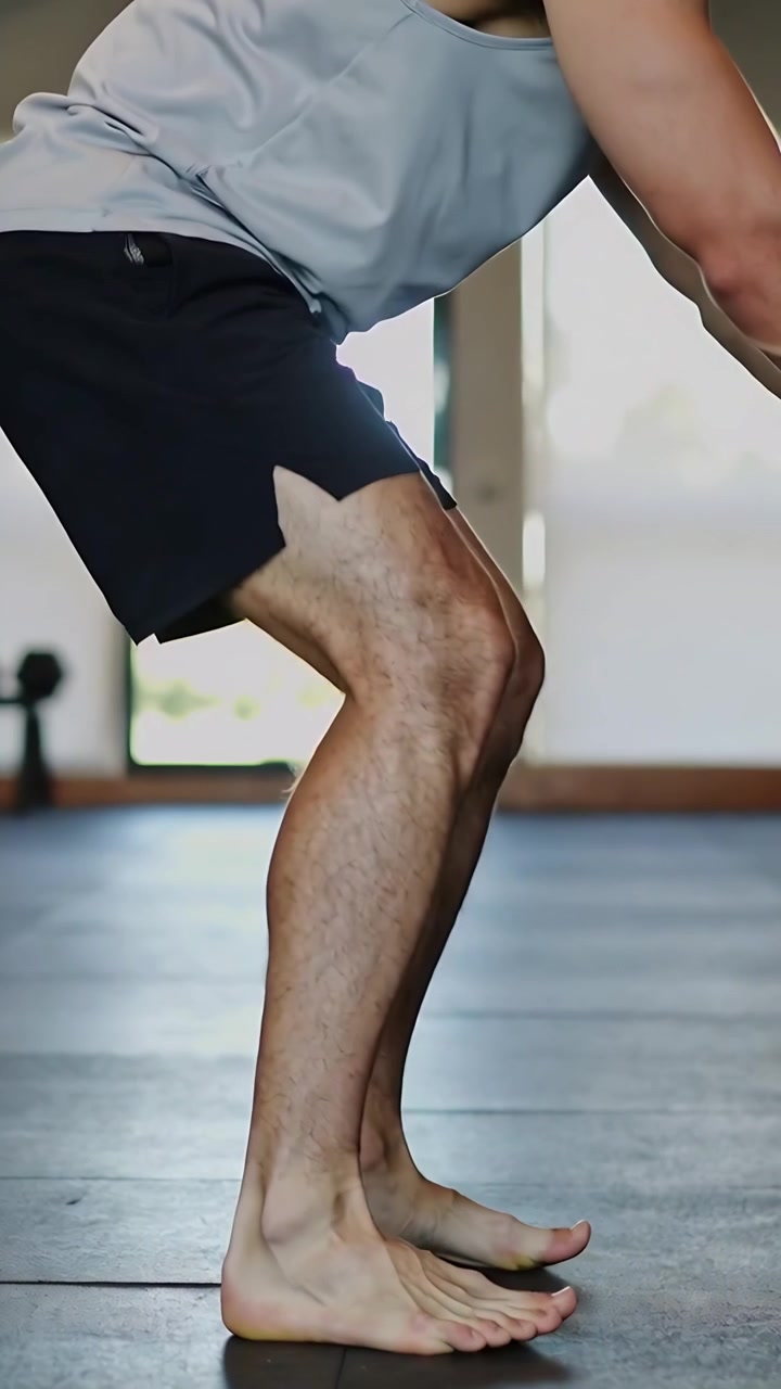 Video verticale: Uomo che fa squat partendo da una posizione bassa, ripetendo squat profondi in palestra per la mobilità, in canotta grigia.