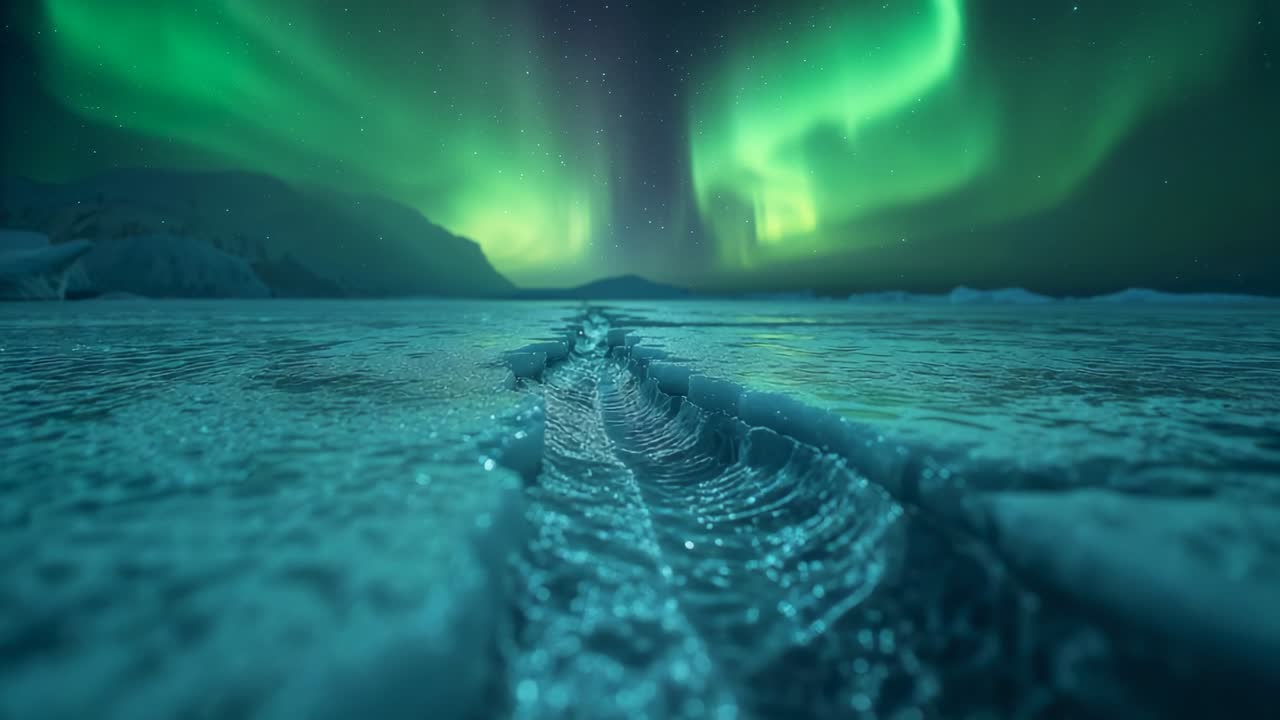Advancing camera showing ice fissure widening, breaking, slushing toward aurora on polar plain