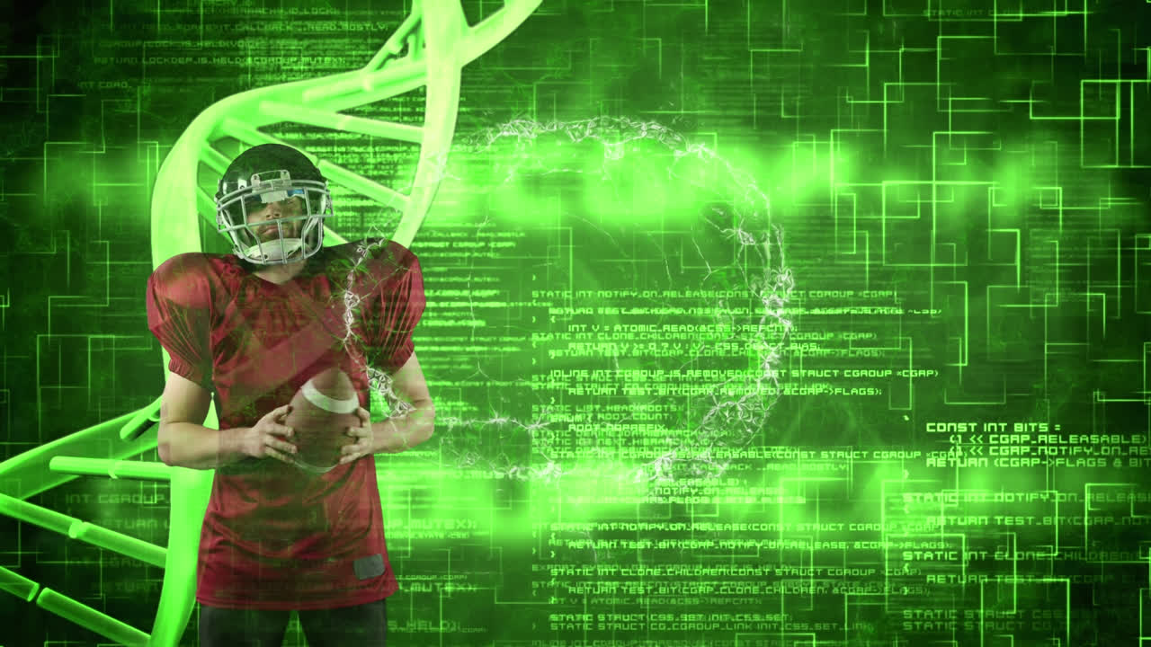 Animazione di un filamento di DNA che ruota e elaborazione dati su un giocatore di football americano
