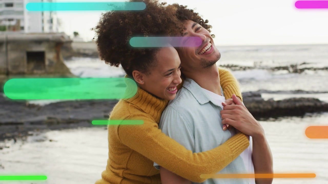 Vertical video: Woman hugging man on shore, man leaning smiling as bars passing over them for ads