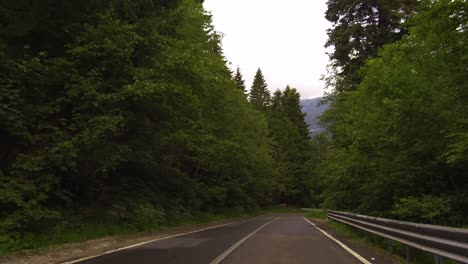 Conducción-Lenta-Con-Tráfico-Próximo-En-Una-Carretera-Sinuosa-En-Un-Bosque,-Montañas-De-Bucegi,-Rumania,-Plataforma-Rodante-Hacia-Adelante