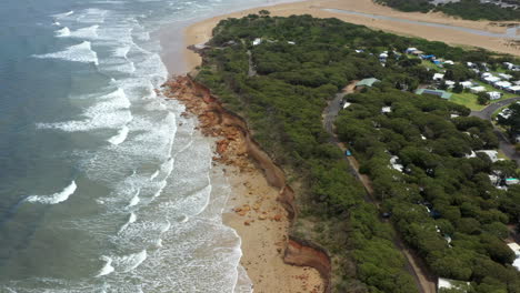 AERIAL-Anglesea-Coastline,-Holiday-Park-And-River-Heads,-Australia