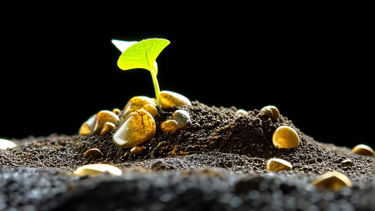 Video ravvicinato di una piccola pianta che spunta dal terreno, circondata da pepite d'oro