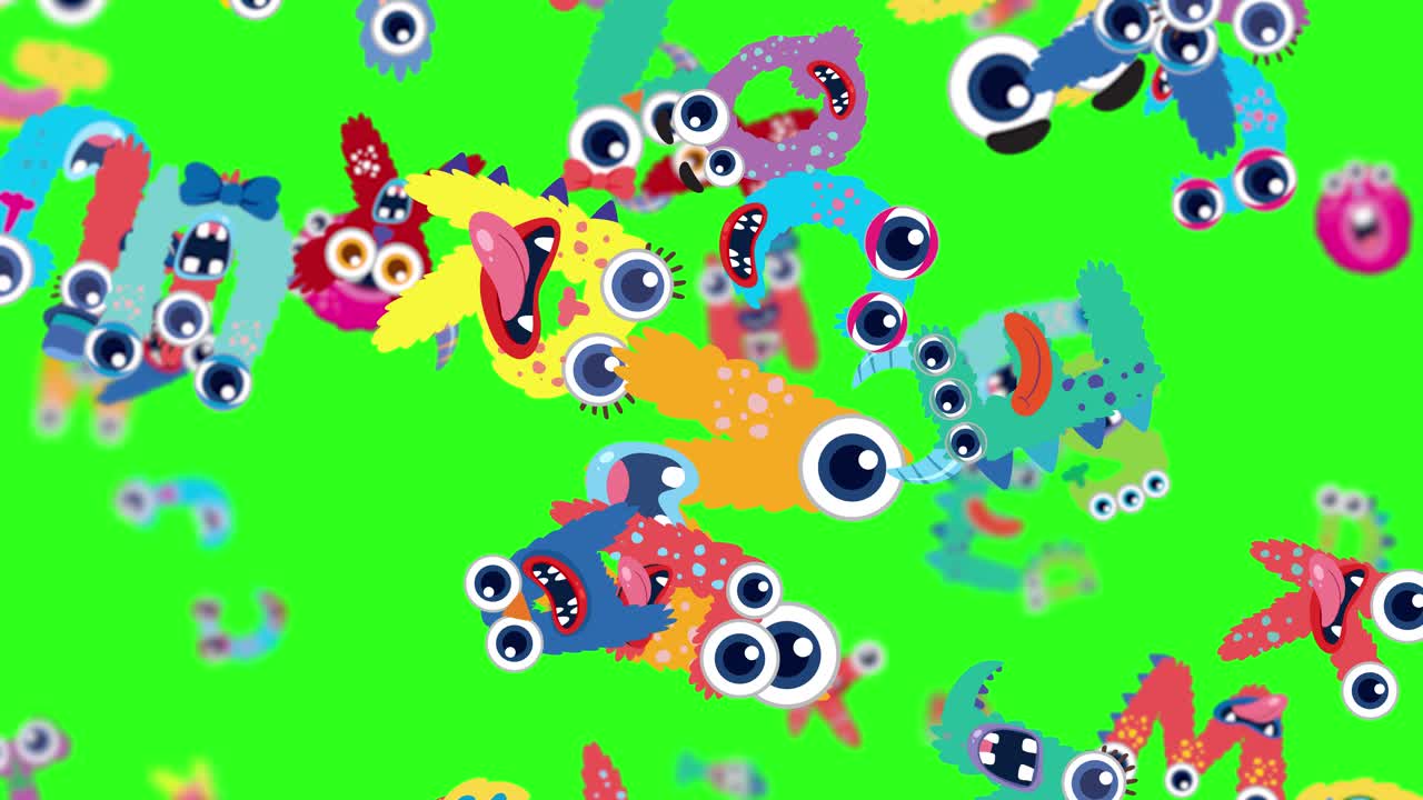 Playful, colorful letters with eyes animate across a bright green background, creating a lively and whimsical visual experience