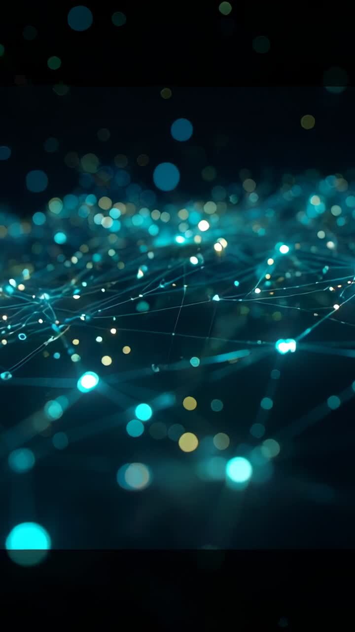 Vertical video: Shifting mesh on black plane showing depth via rack focus, pulsing nodes, particles