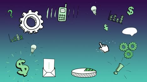 animación de iconos de negocios y oficinas sobre un fondo verde