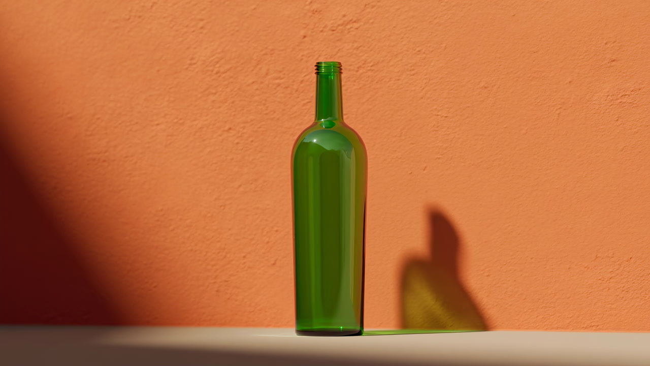 Green Glass Bottle On Orange Background, Sunlit Minimal Product Shot With Strong Diagonal Shadow, Textured