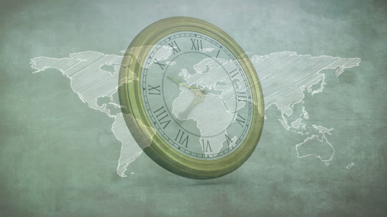 Roman numerals on clock overlaying world map, creating animation effect