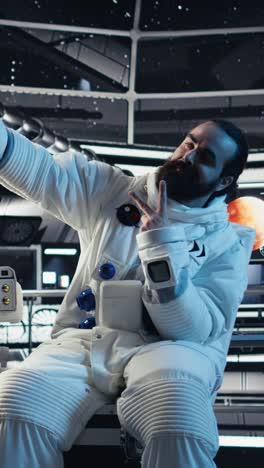 vertical video researchers flying together in starship, looking at green screen monitor
