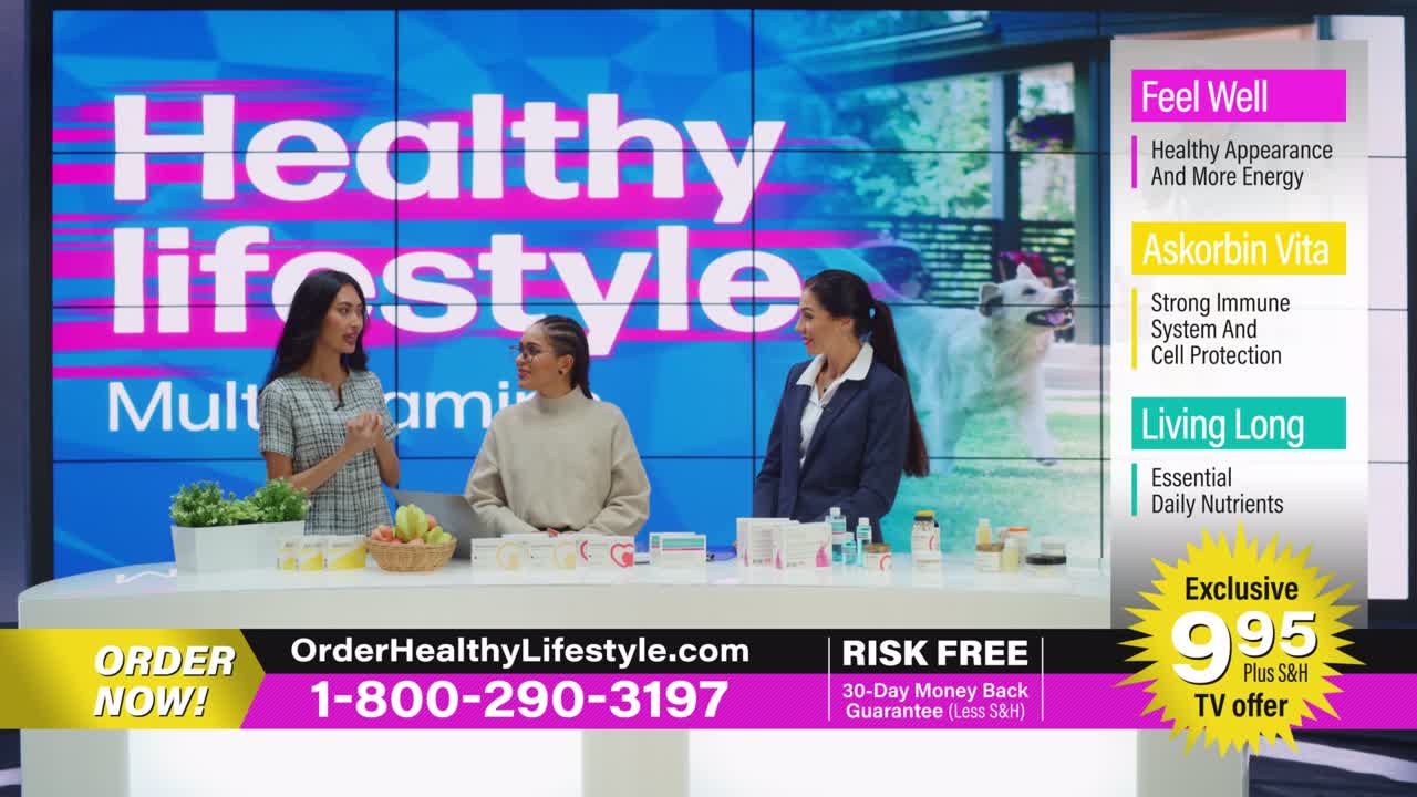 tv 쇼 인포메셜: 여성 호스트, 전문가, 의사 토크, 현재 모형 미용 제품 상자, 건강 관리 보충제, 화장품. 케이블 채널에서 재생 텔레비전 상업 광고 프로그램