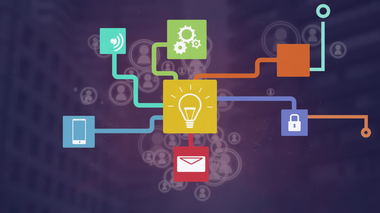 Animation of network of connections with icons over cityscape