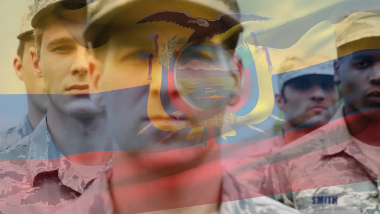 animación de la bandera de ecuador sobre varios soldados varones en uniforme