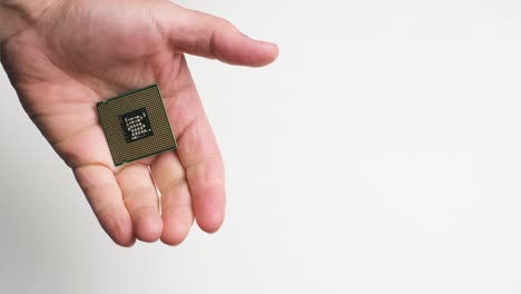 close up human hand reveal cpu processor, computer electronics concept, white background