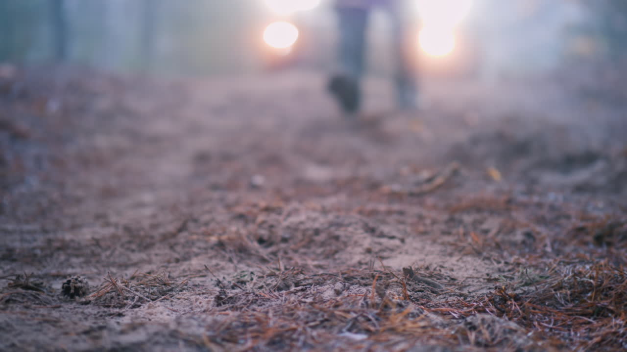 숲길에서 피 묻은 도끼를 든 살인자가 자동차 헤드라이트에 비추어 소름 끼치는 범죄 현장에 서 있다